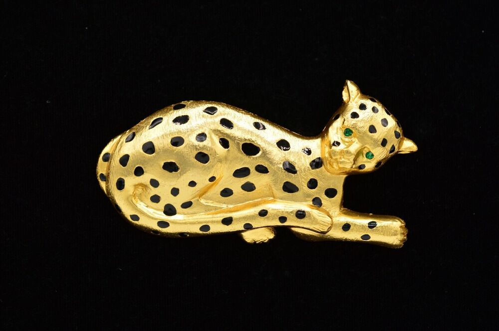 Vintage 3" Leopard Pin Brooch Brushed Gold Matte Cheetah Black Green 1980s BinJ